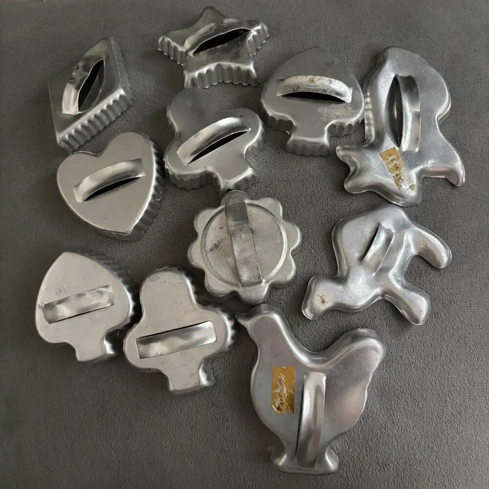Vintage Metal Cookie Cutters Set 11 Aluminum Assorted Shapes Baking Kitchen